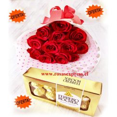 1350 RosasExpress Chile Bouquet de 12 Rosas Importadas + Bombones Ferrero 100 gr.