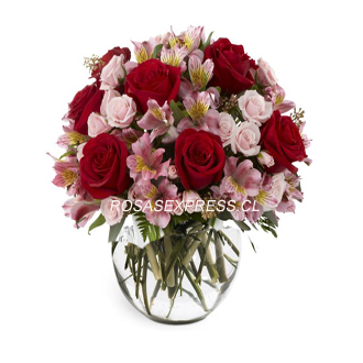 1870 Pecera floral de 06 rosas y alstromerias finamente diseñadas